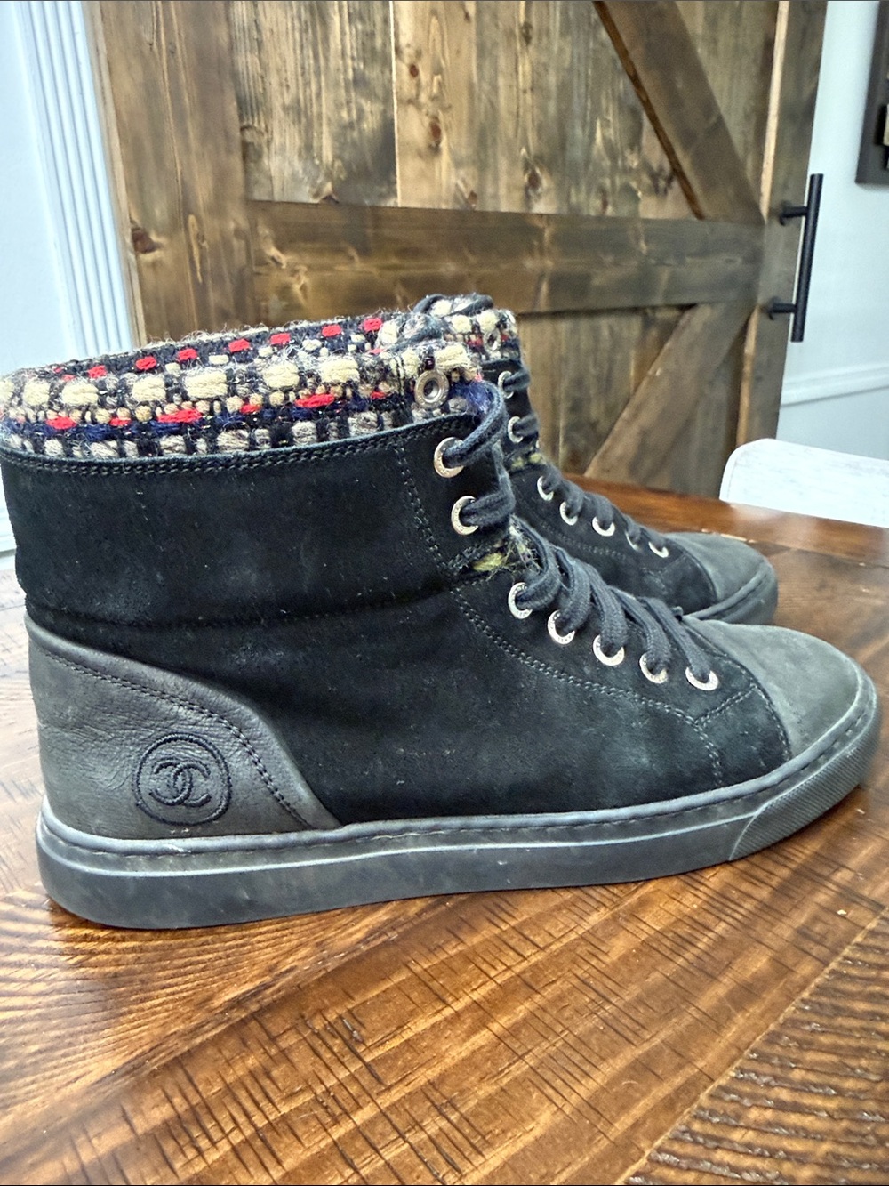 CHANEL Suede Leather Tweed High Top Sneakers